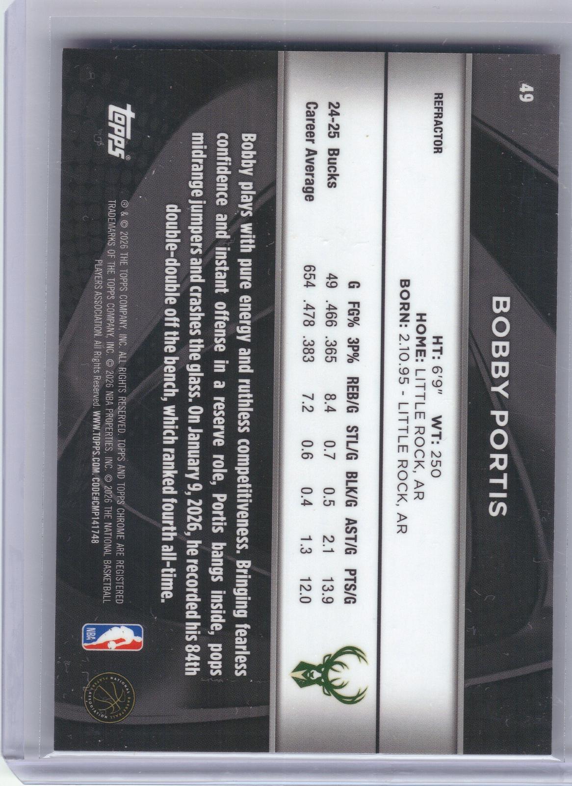2025-26 Topps Chrome Black #49 Bobby Portis Refractor #/299 Milwaukee Bucks SN