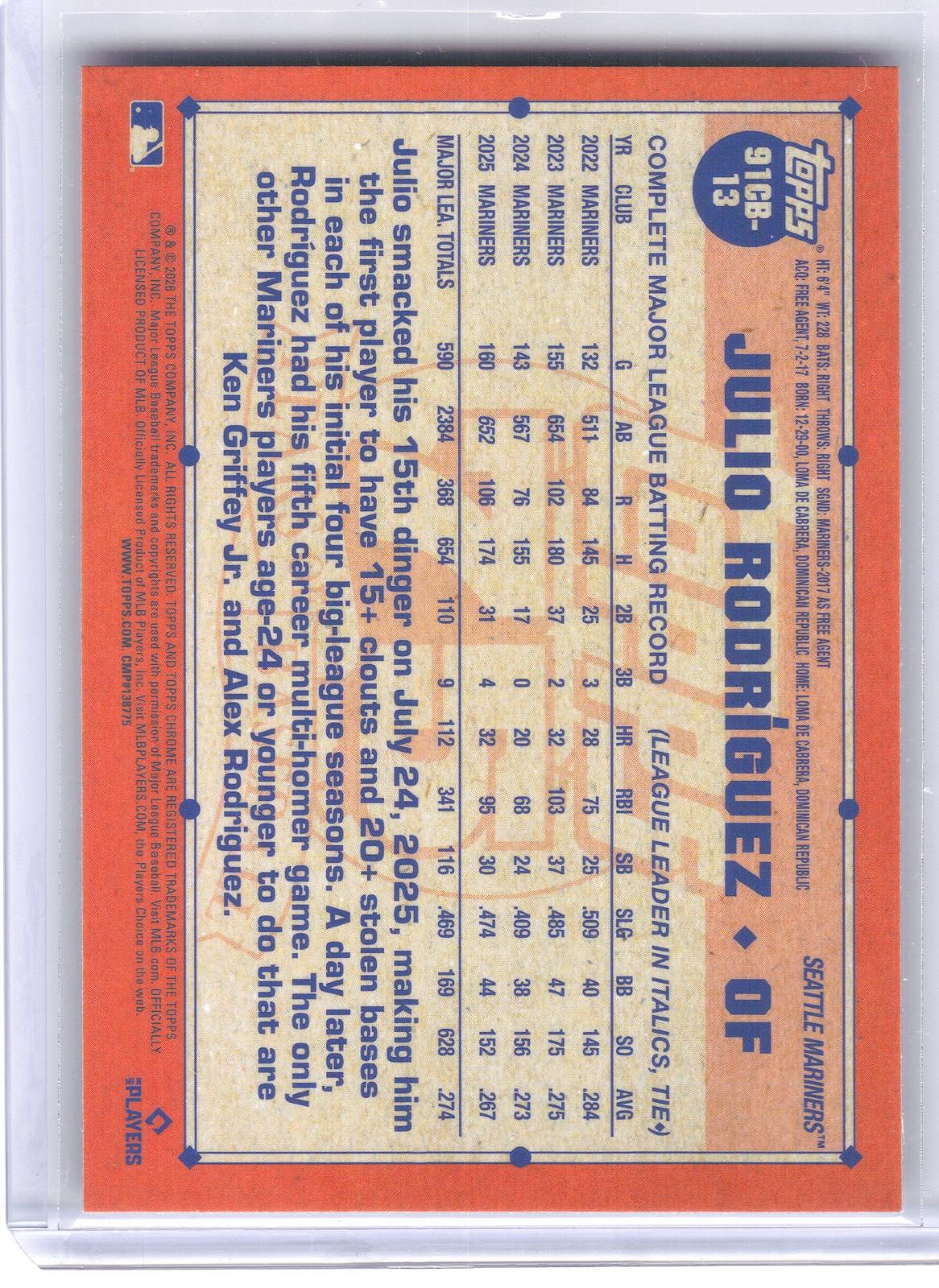 2026 Topps Chrome Logofractor Edition #91CB-13 Julio Rodríguez 1991 Topps Baseball 35th Anniversary Seattle Mariners