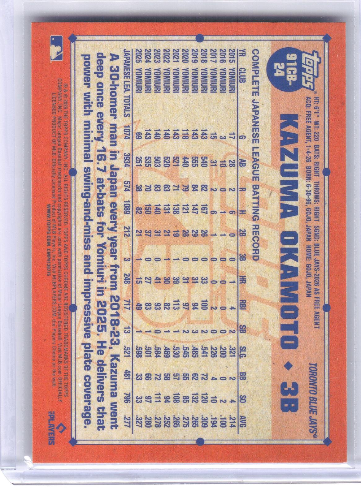 2026 Topps Chrome Logofractor Edition #91CB-24 Kazuma Okamoto 1991 Topps Baseball 35th Anniversary Toronto Blue Jays