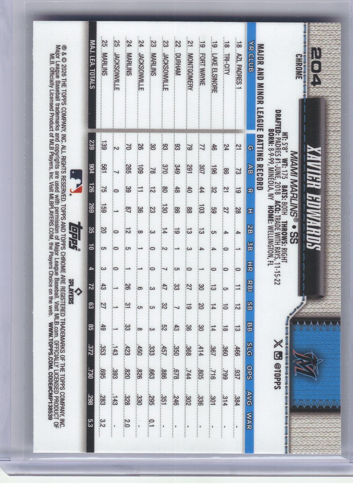 2026 Topps Chrome Logofractor Edition #204 Xavier Edwards Miami Marlins