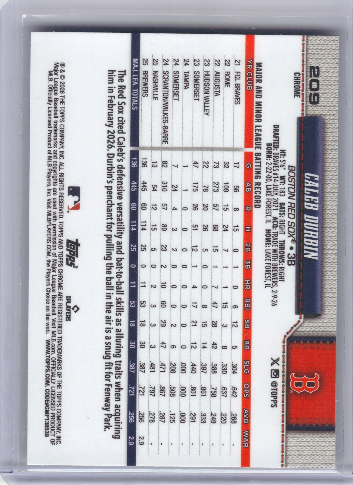 2026 Topps Chrome Logofractor Edition #209 Caleb Durbin Boston Red Sox