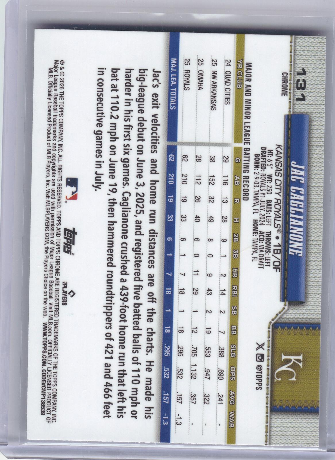 2026 Topps Chrome #131 Jac Caglianone Kansas City Royals RC