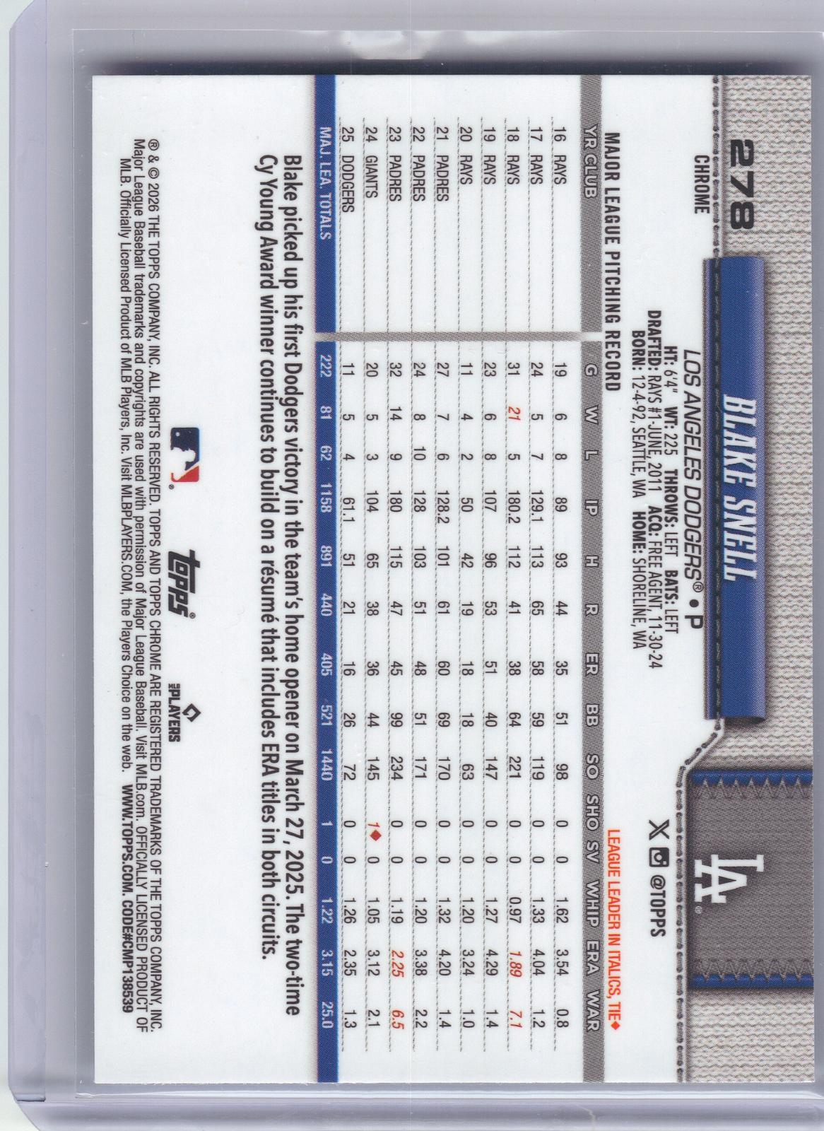 2026 Topps Chrome Logofractor Edition #278 Blake Snell Blue Refractor #/150 Los Angeles Dodgers SN