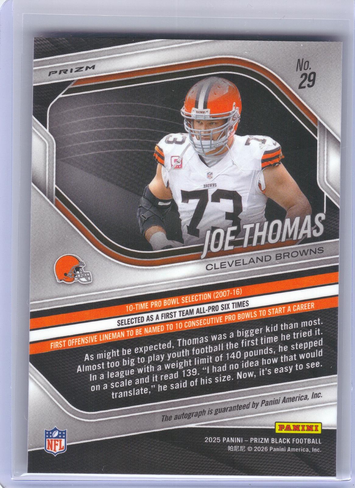2025 Panini Prizm Black #29 Joe Thomas Autographs Prizm Silver Cleveland Browns AU
