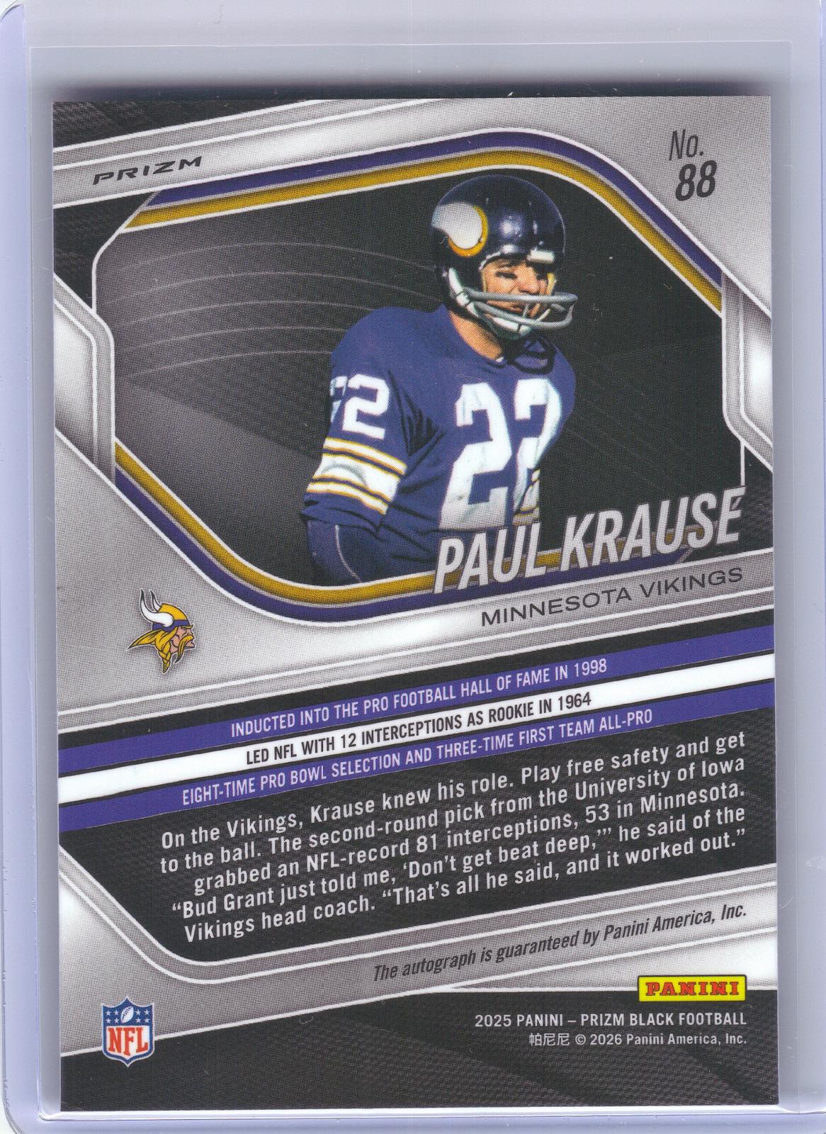 2025 Panini Prizm Black #88 Paul Krause Autographs Prizm Silver Minnesota Vikings AU