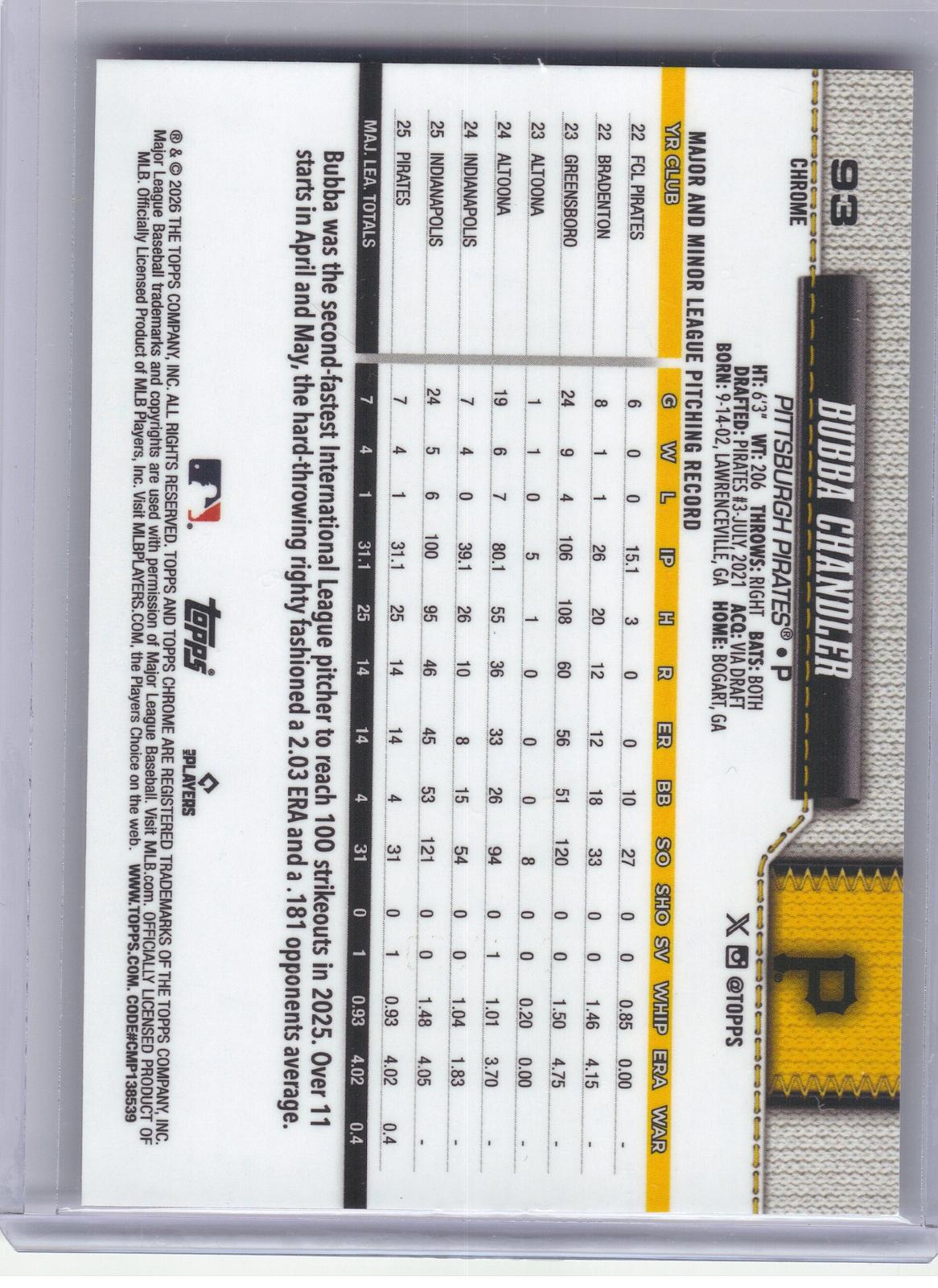 2026 Topps Chrome Logofractor Edition #93 Bubba Chandler Pink Refractor #/250 Pittsburgh Pirates SN, RC