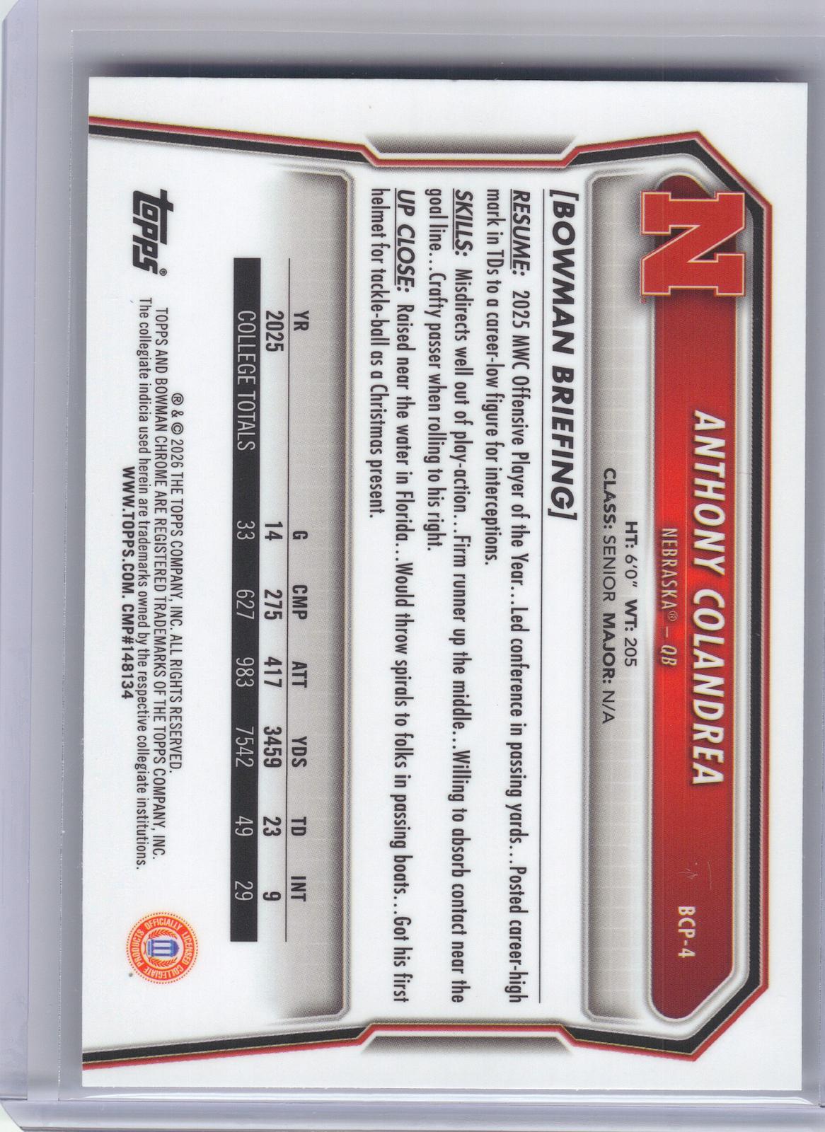 2026 Bowman #BCP-4 Anthony Colandrea Chrome Prospects Nebraska Cornhuskers