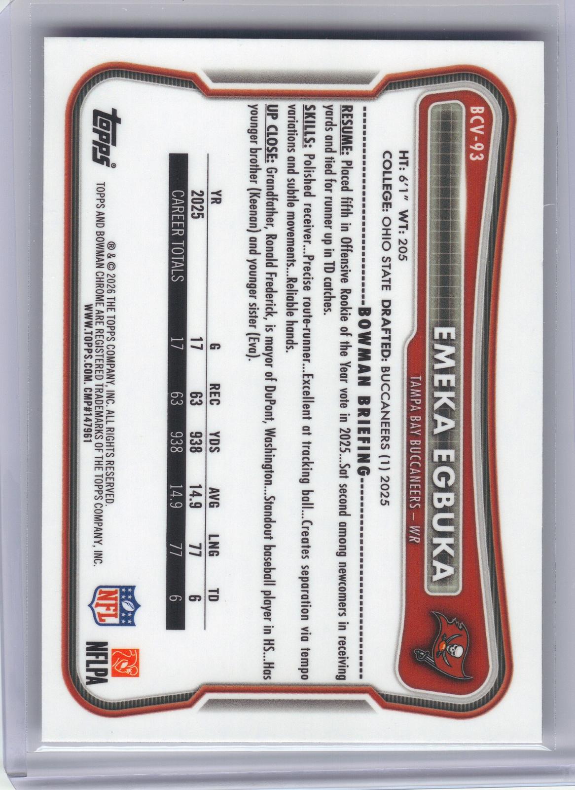 2026 Bowman #BCV-93 Emeka Egbuka Chrome Tampa Bay Buccaneers