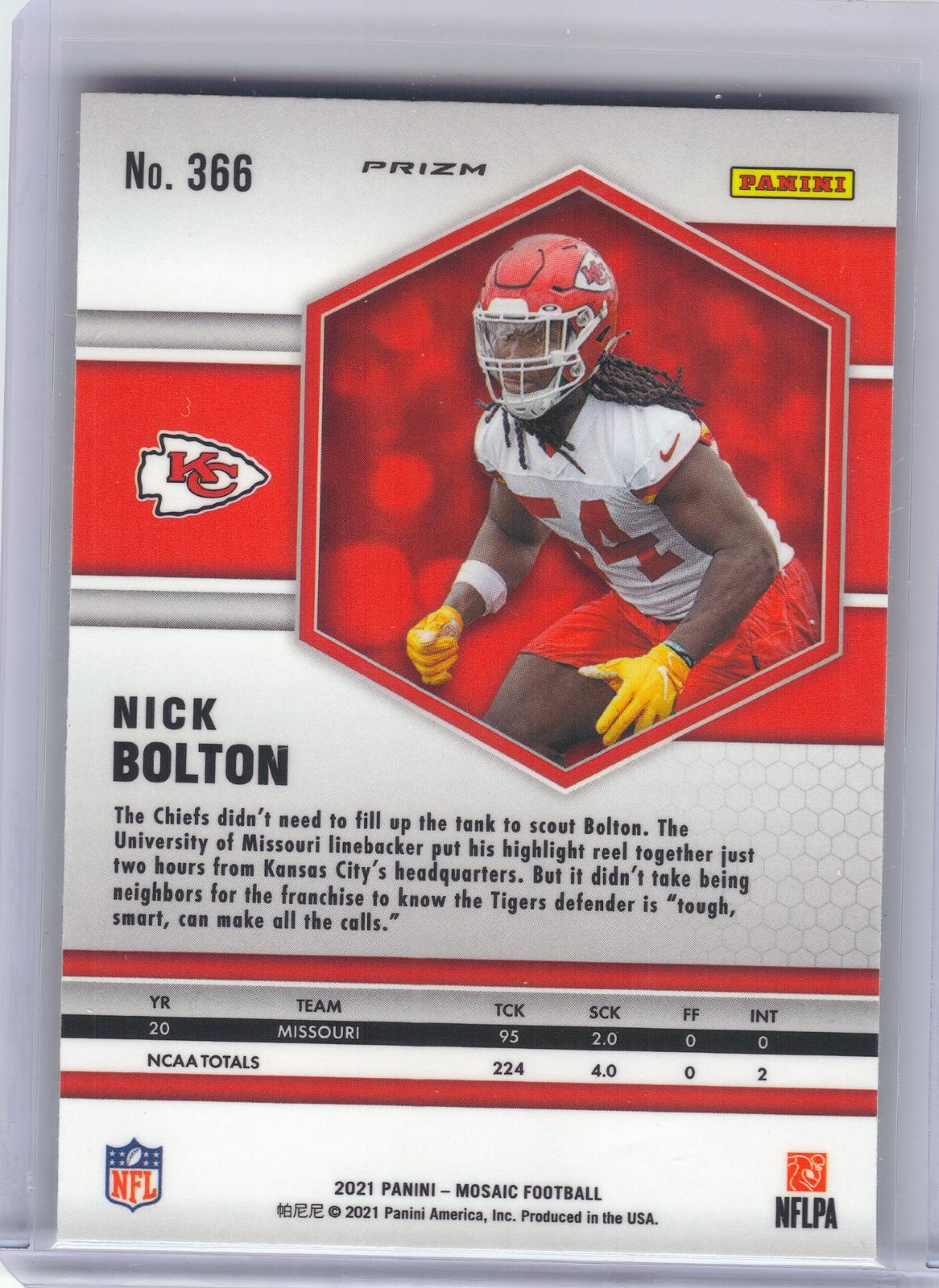 2021 Panini Mosaic #366 Nick Bolton Prizm Reactive Yellow Kansas City Chiefs RC