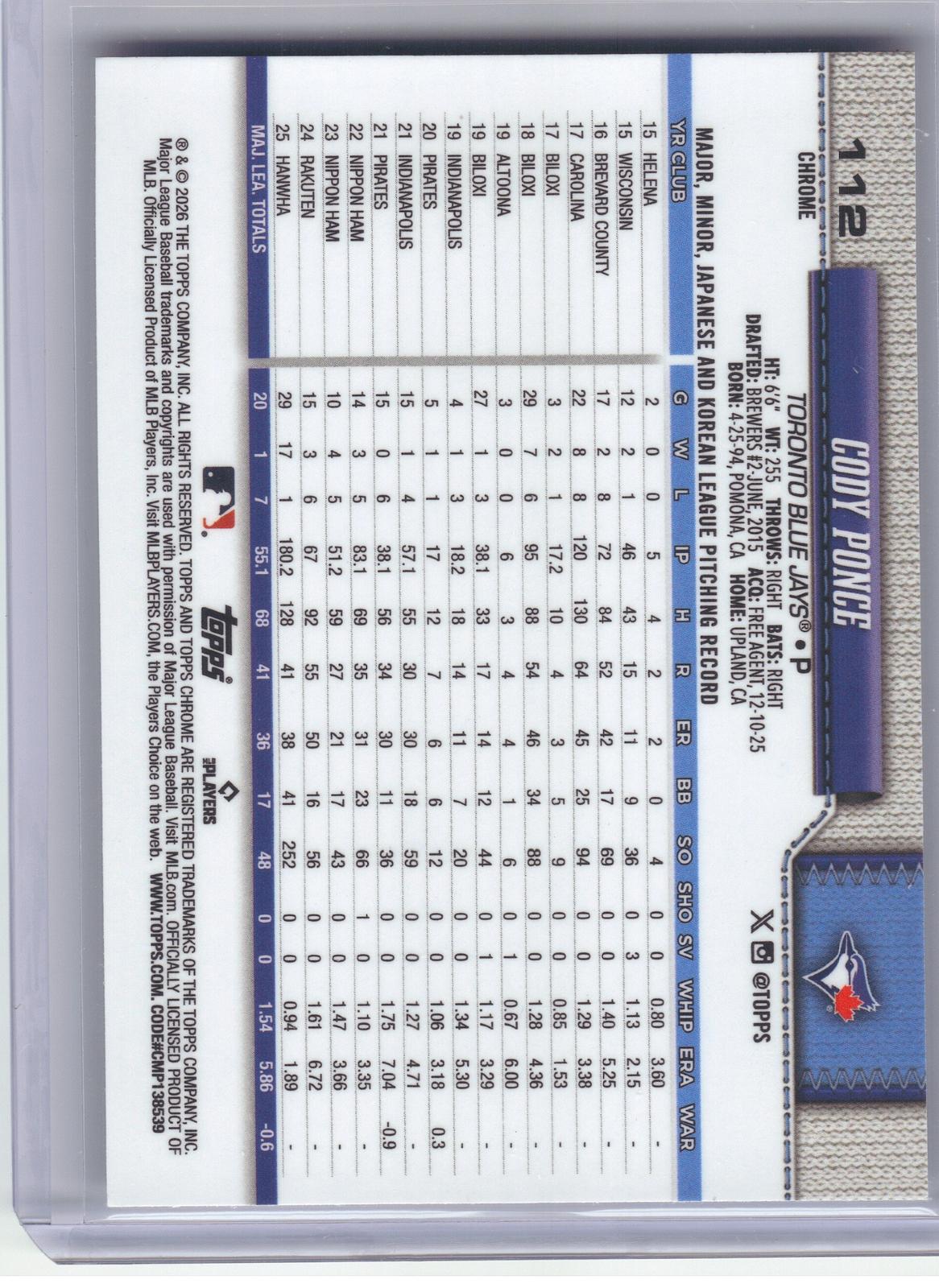 2026 Topps Chrome Logofractor Edition #112 Cody Ponce Toronto Blue Jays RC