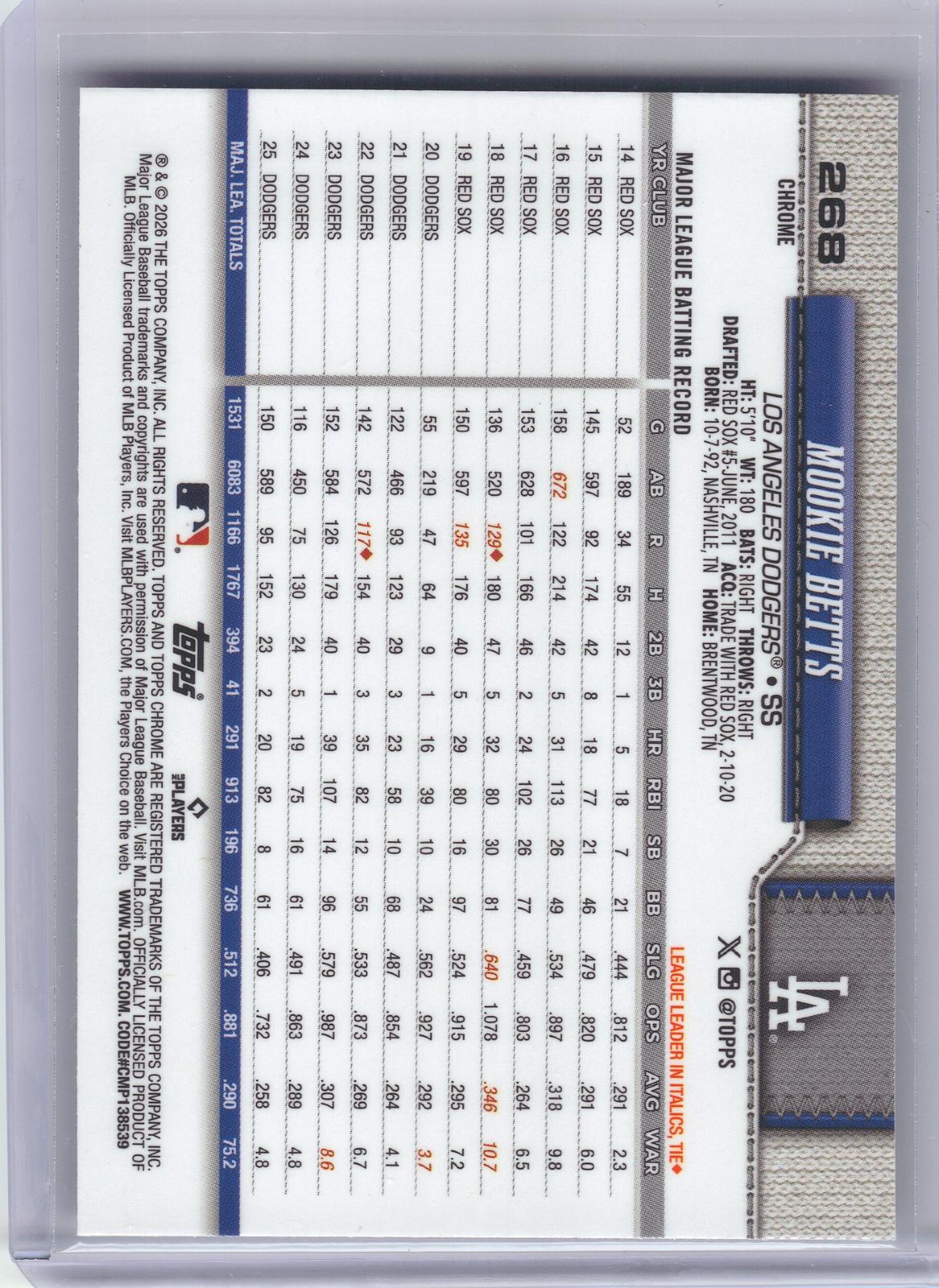 2026 Topps Chrome Logofractor Edition #268 Mookie Betts Los Angeles Dodgers