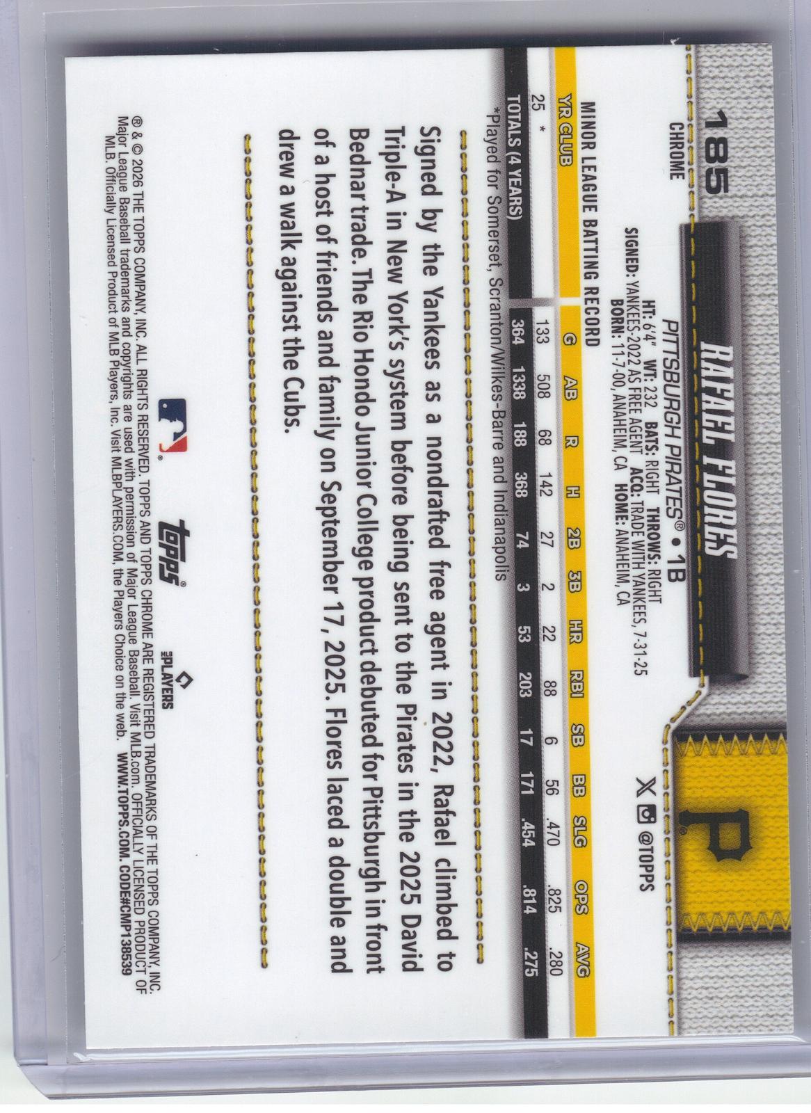2026 Topps Chrome Logofractor Edition #185 Rafael Flores Pittsburgh Pirates RC