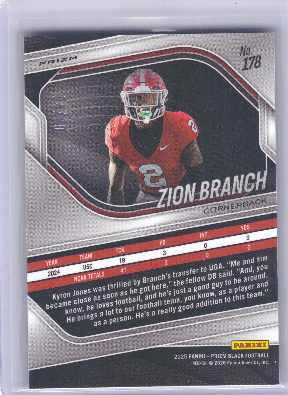 2025 Panini Prizm Black #178 Zion Branch Prizm Orange Wave #/60 Georgia Bulldogs SN