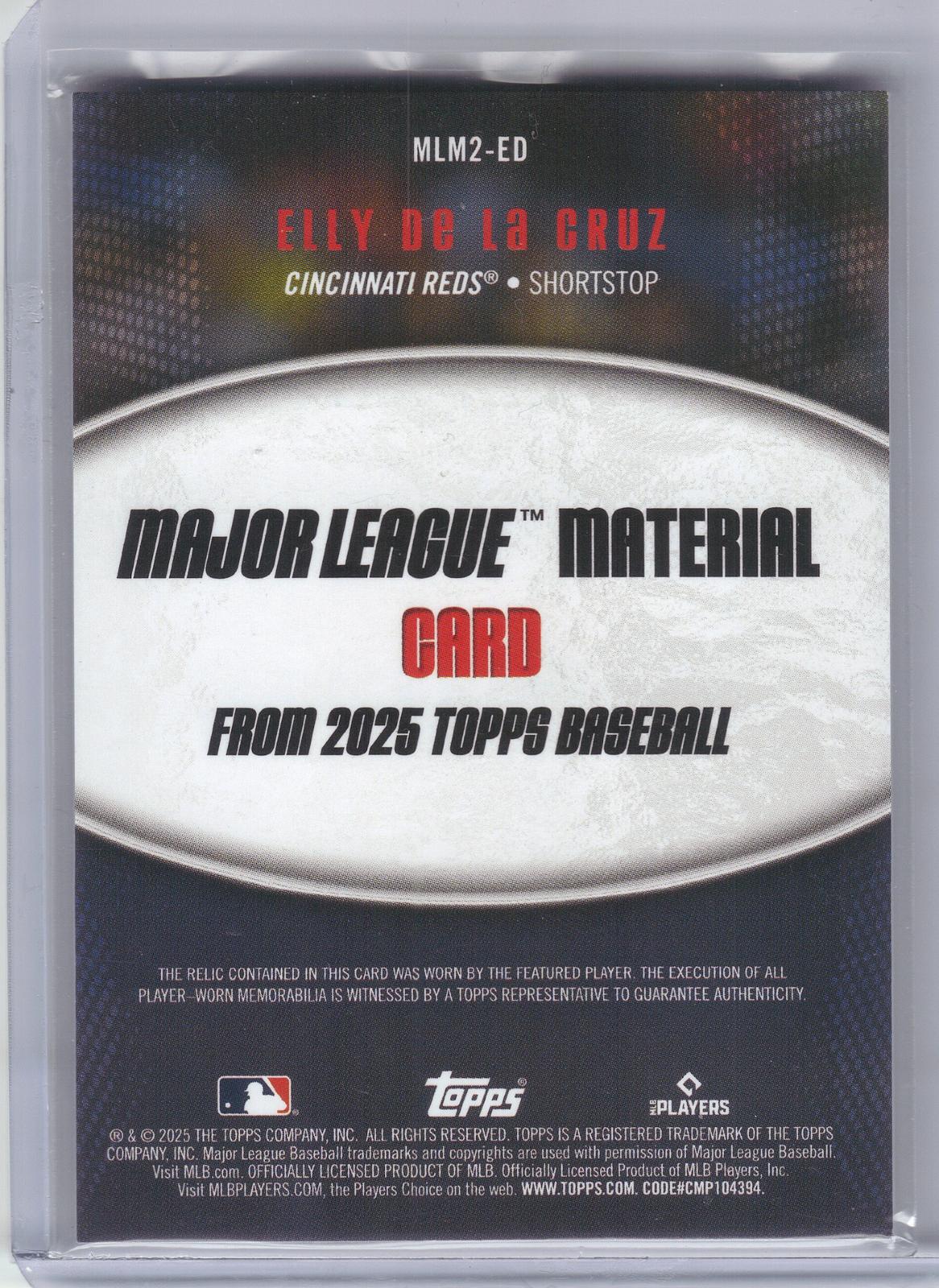 2025 Topps #MLM2-ED Elly De La Cruz Major League Material Relics (Series Two) Cincinnati Reds MEM