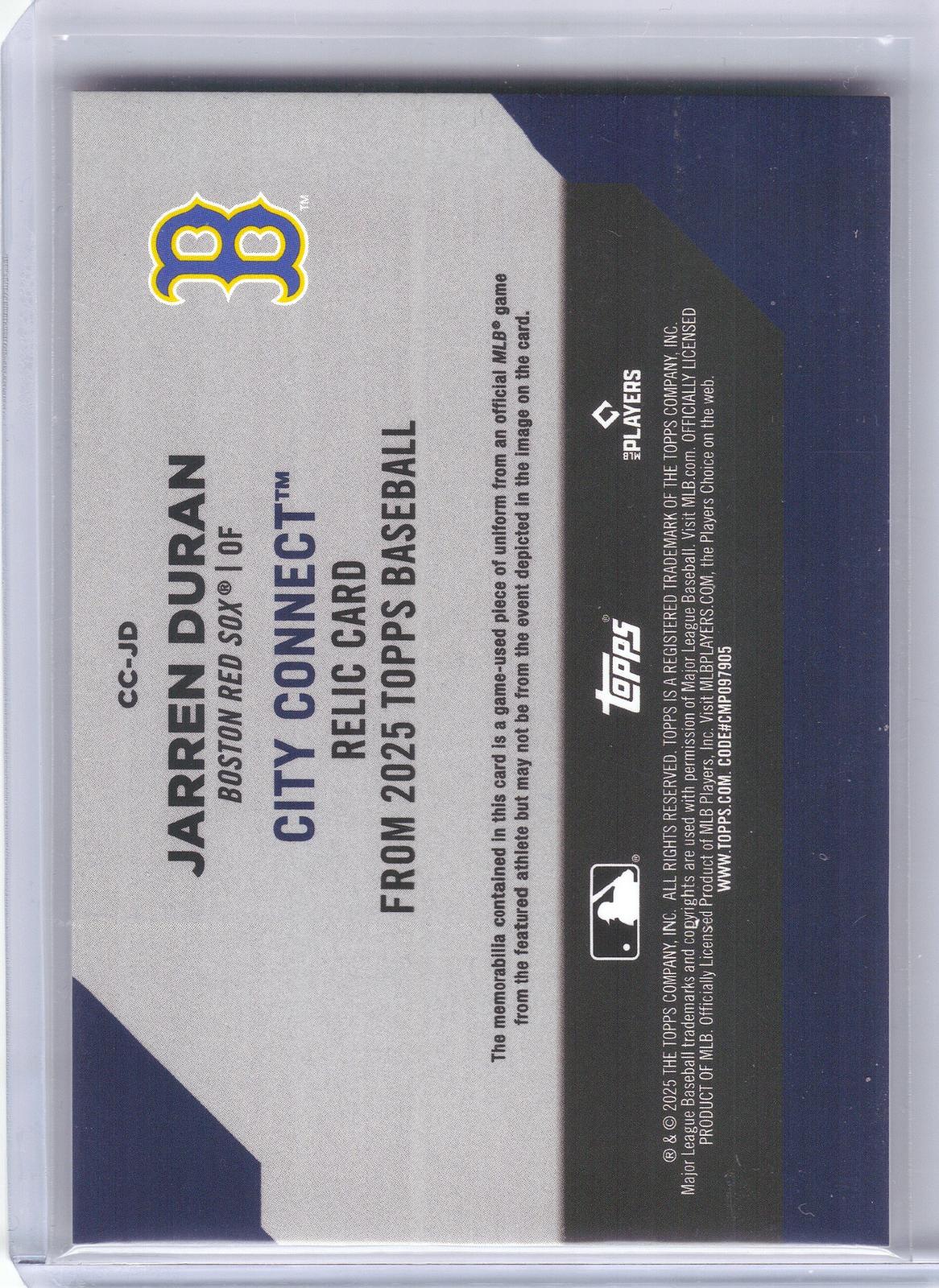 2025 Topps #CC-JD Jarren Duran City Connect Swatch Relics (Series One) Boston Red Sox MEM