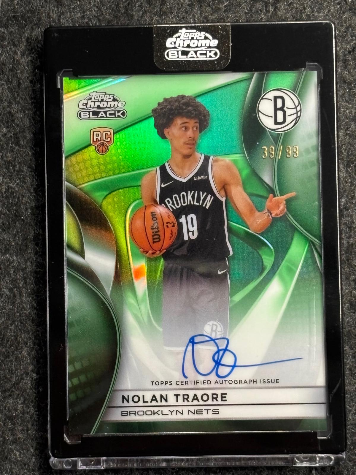 2025-26 Topps Chrome Black #RA-NT Nolan Traore Rookie Autographs Green Refractor #/99 Brooklyn Nets SN, AU
