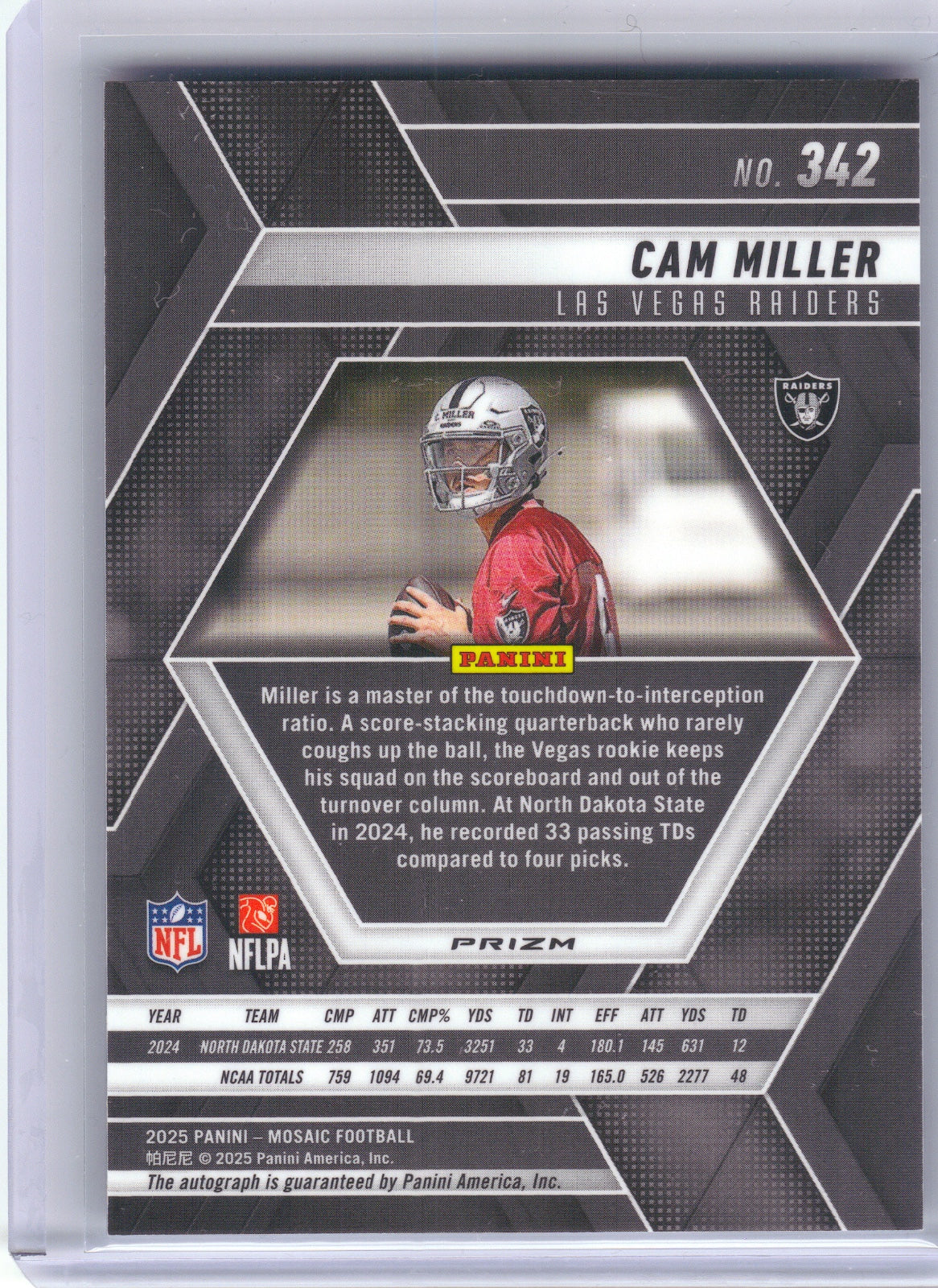 Cam Miller Las Vegas Raiders 2025 Panini Mosaic - Autographs Mosaic #342 Auto (Back)