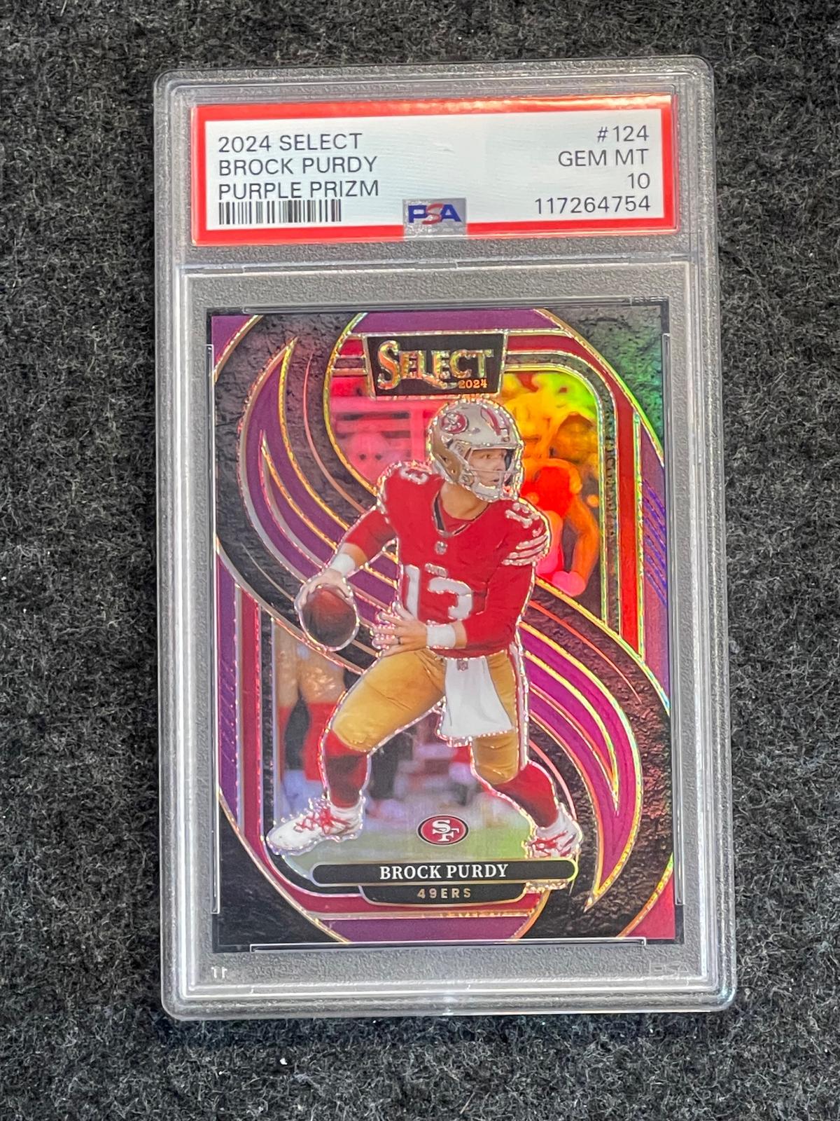 2024 Panini Select #124 Brock Purdy Purple Prizm PSA 10 #/75 San Francisco 49ers SN