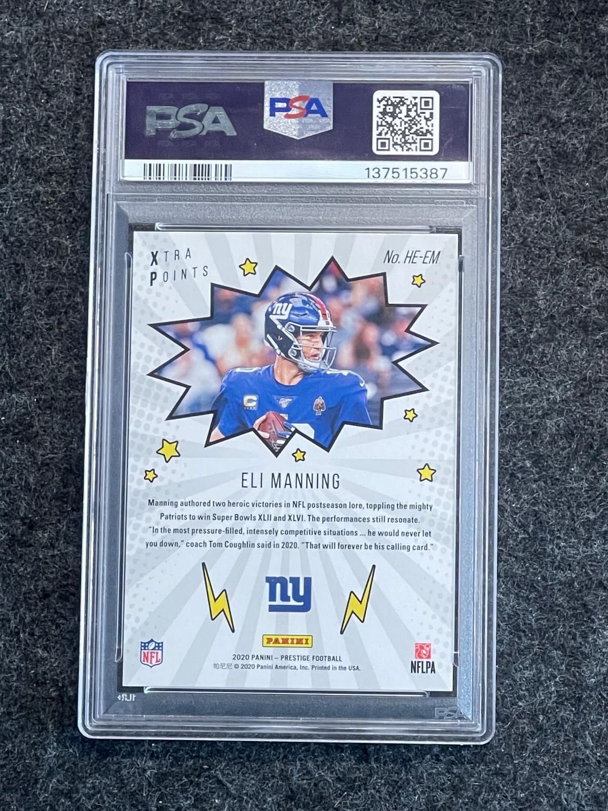 2020 Panini Prestige #HE-EM Eli Manning Heroes Xtra Points Blue PSA 10 #/299 New York Giants SN