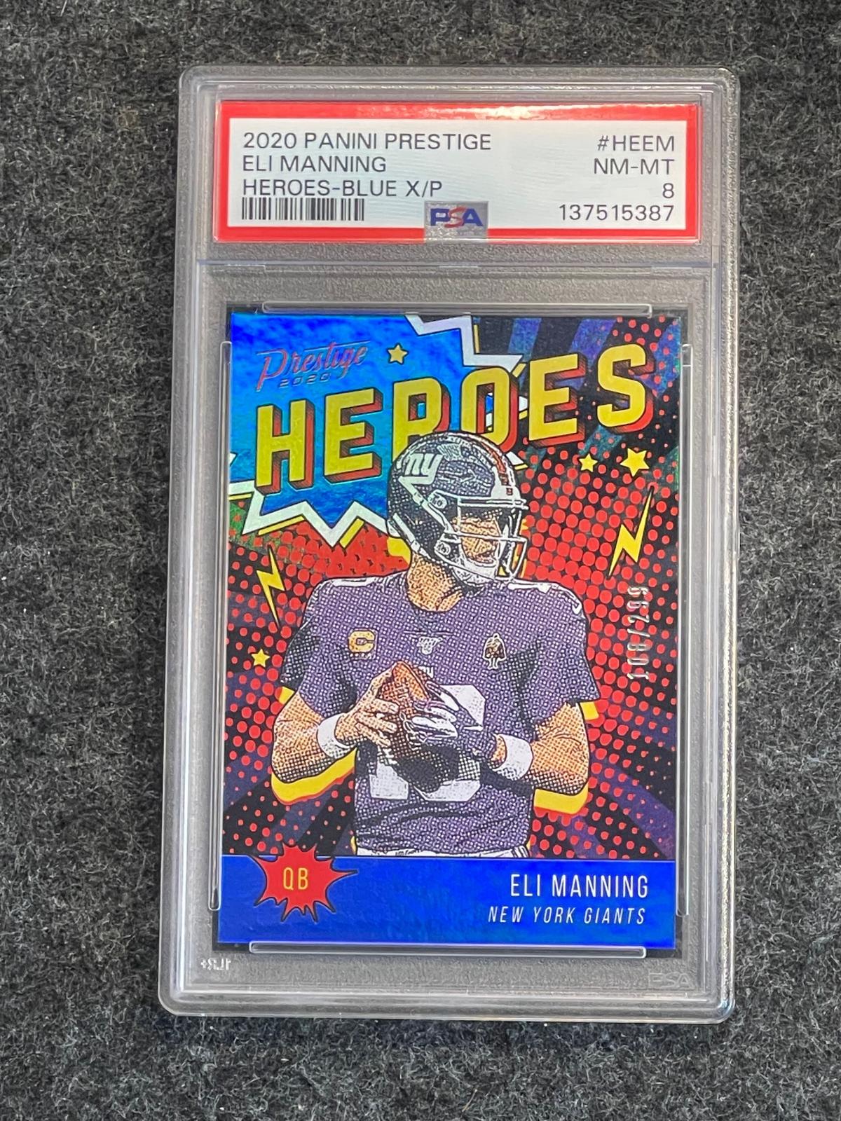 2020 Panini Prestige #HE-EM Eli Manning Heroes Xtra Points Blue PSA 10 #/299 New York Giants SN