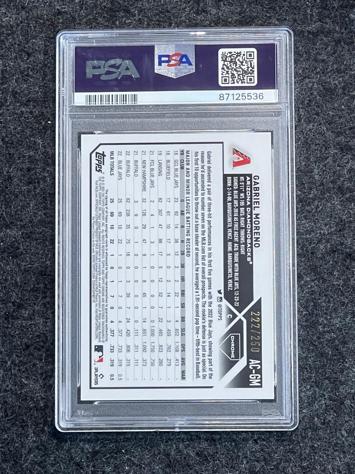 2023 Topps Chrome Update #AC-GM Gabriel Moreno Autographs Purple PSA 10 #/250 Arizona Diamondbacks SN, AU
