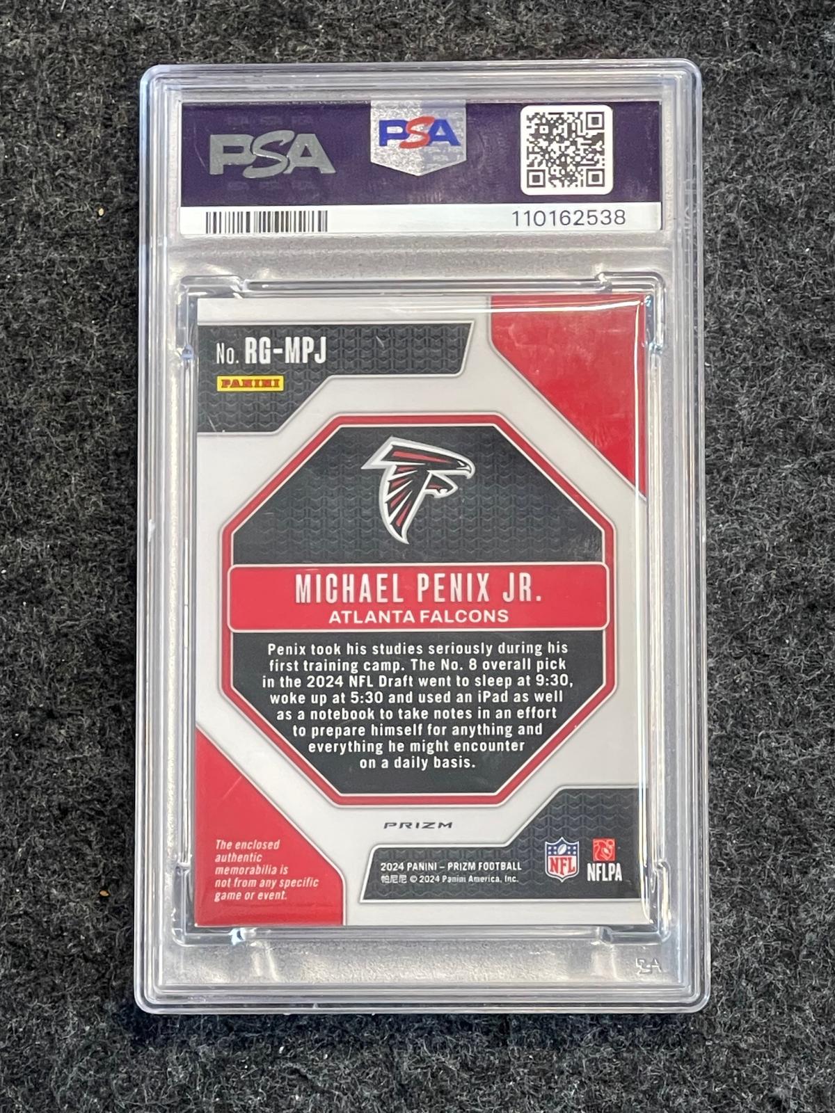 2024 Panini Prizm #RG-MPJ Michael Penix Jr. Rookie Gear Neon Green Pulsar PSA 9 Atlanta Falcons MEM