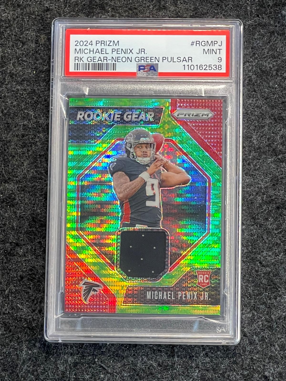 2024 Panini Prizm #RG-MPJ Michael Penix Jr. Rookie Gear Neon Green Pulsar PSA 9 Atlanta Falcons MEM