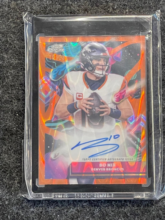 2025 Topps Chrome Cosmic #CCA-BN Bo Nix Cosmic Chrome Autographs Orange Galactic Refractor Jersey # Denver Broncos SN, AU