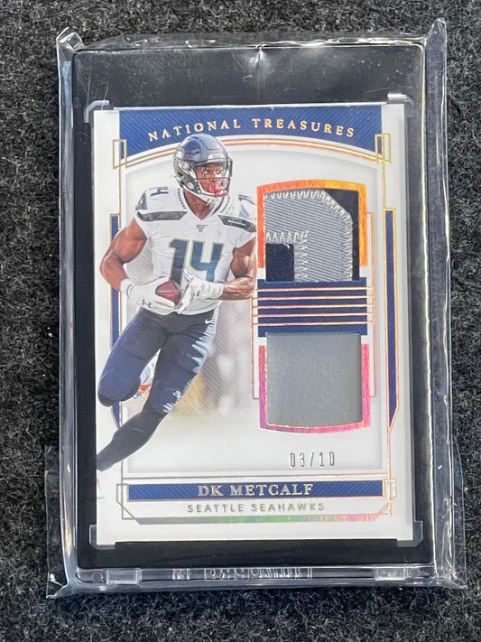 2019 Panini National Treasures #RDM-11 DK Metcalf Rookie Dual Materials Holo Gold #/10 Seattle Seahawks SN, MEM