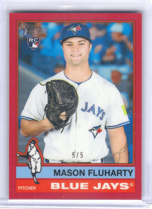 2025 Topps Heritage #509 Mason Fluharty Chrome Red Refractor #/5 Toronto Blue Jays SN, RC