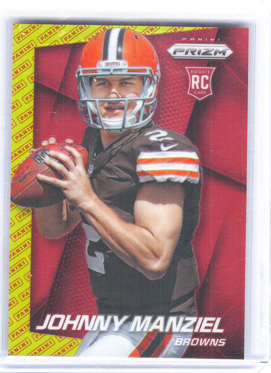 2014 Panini Prizm #287a Johnny Manziel Panini Logo Prizm Ball at chest looking forward Cleveland Browns