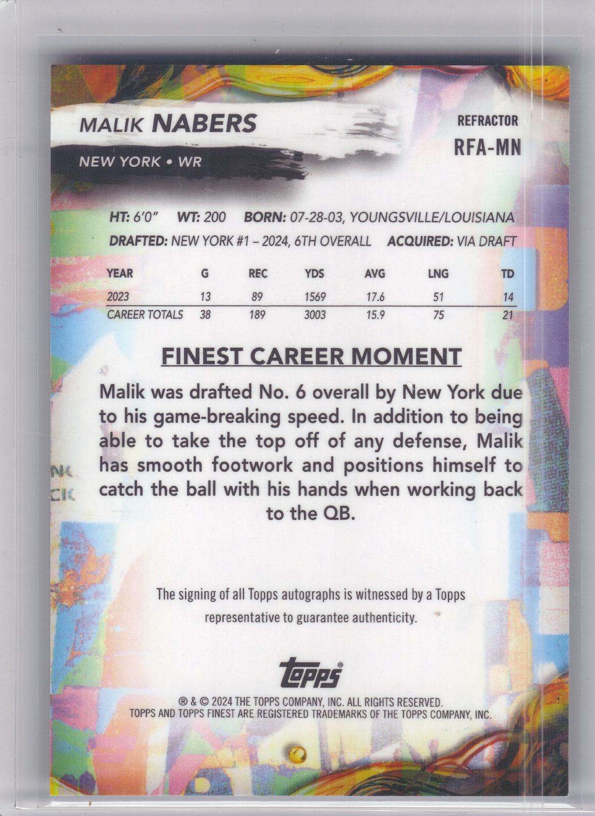 2024 Finest #RFA-MN Malik Nabers Rookie Finest Autographs New York Giants AU