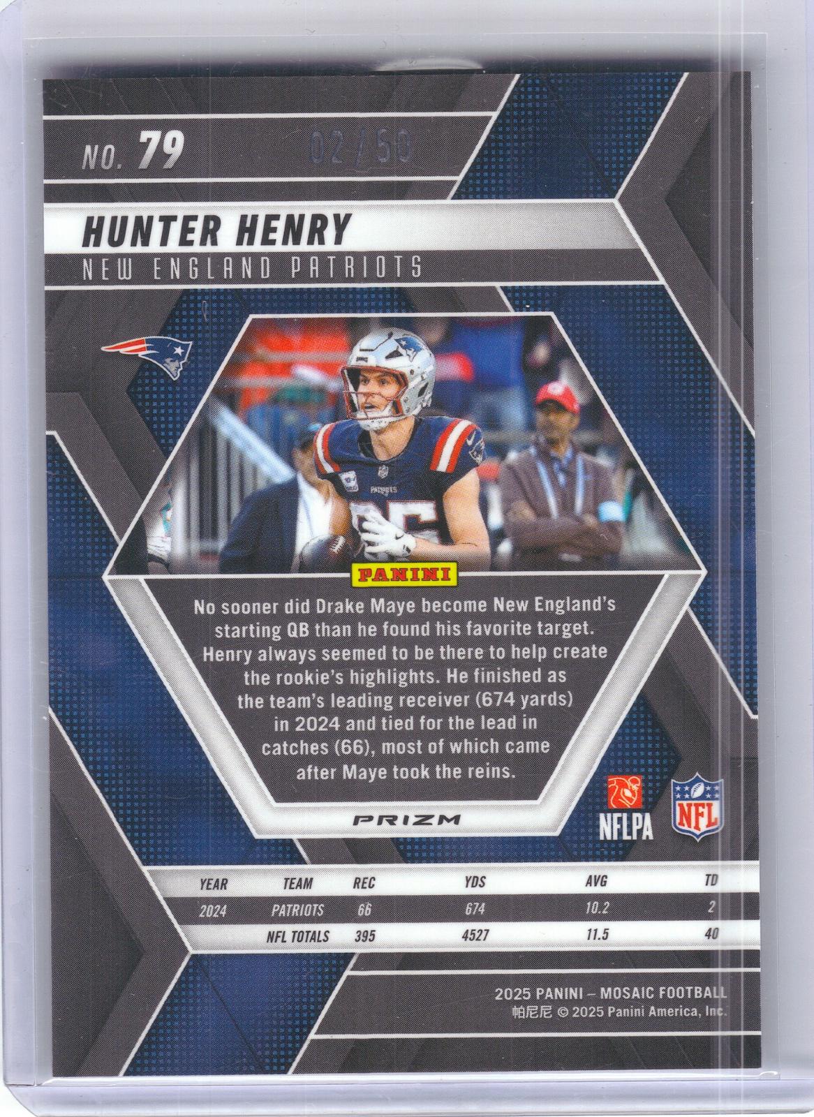 2025 Panini Mosaic #79 Hunter Henry Mosaic No Huddle Purple #/50 New England Patriots SN