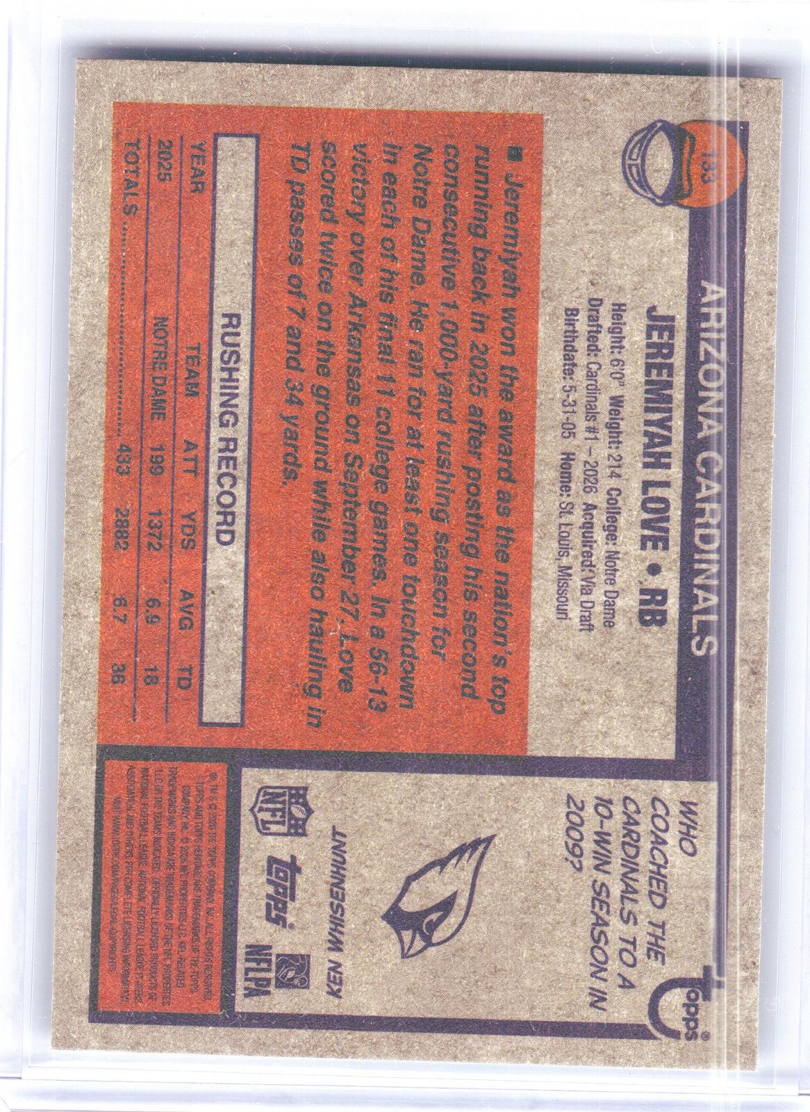 2026 Topps Heritage #133 Jeremiyah Love Arizona Cardinals RC
