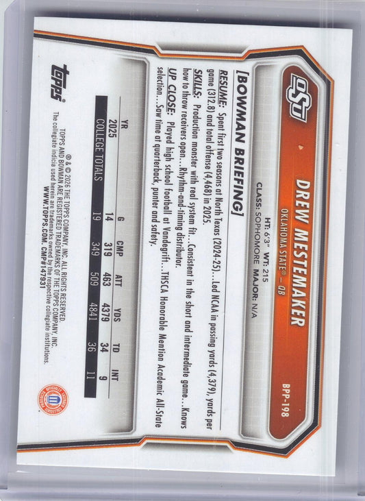 2026 Bowman #BPP-198 Drew Mestemaker Prospects Oklahoma State Cowboys