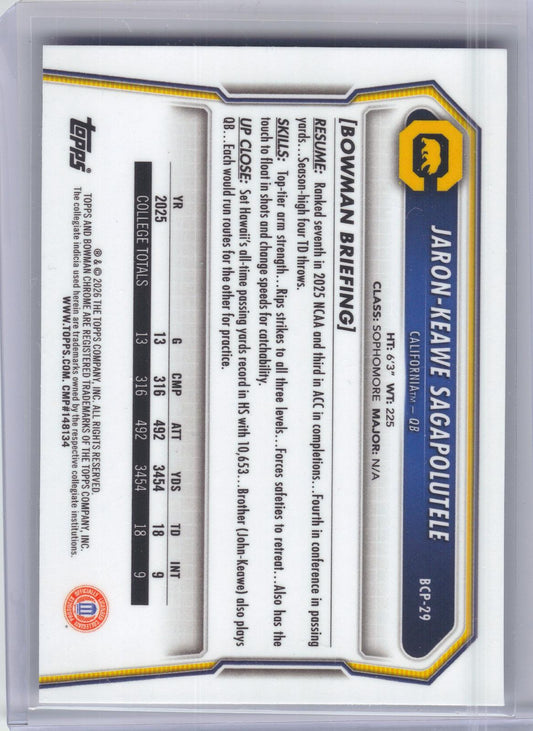 2026 Bowman #BCP-29 Jaron-Keawe Sagapolutele Chrome Prospects California Golden Bears