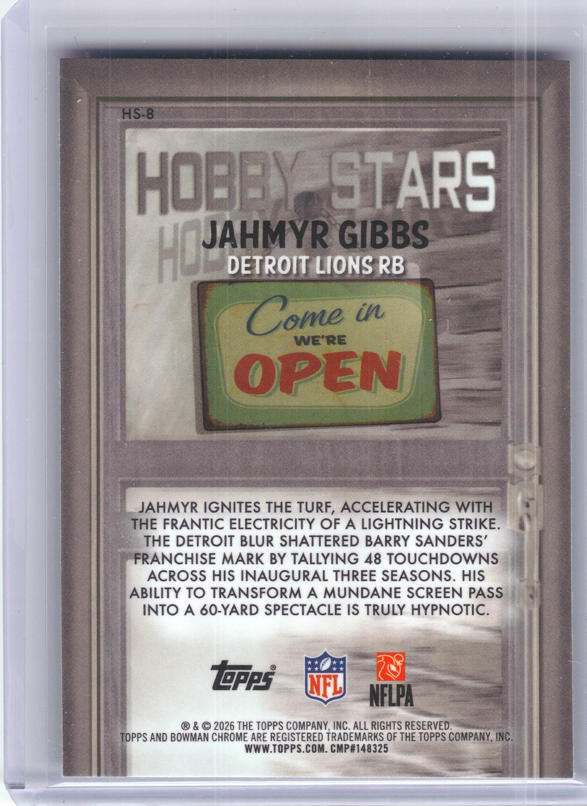 2026 Bowman #HS-8 Jahmyr Gibbs Hobby Stars Detroit Lions