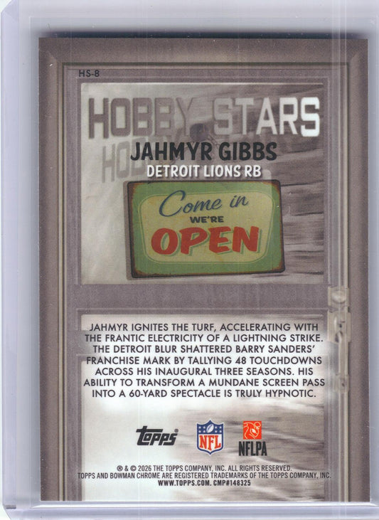 2026 Bowman #HS-8 Jahmyr Gibbs Hobby Stars Detroit Lions