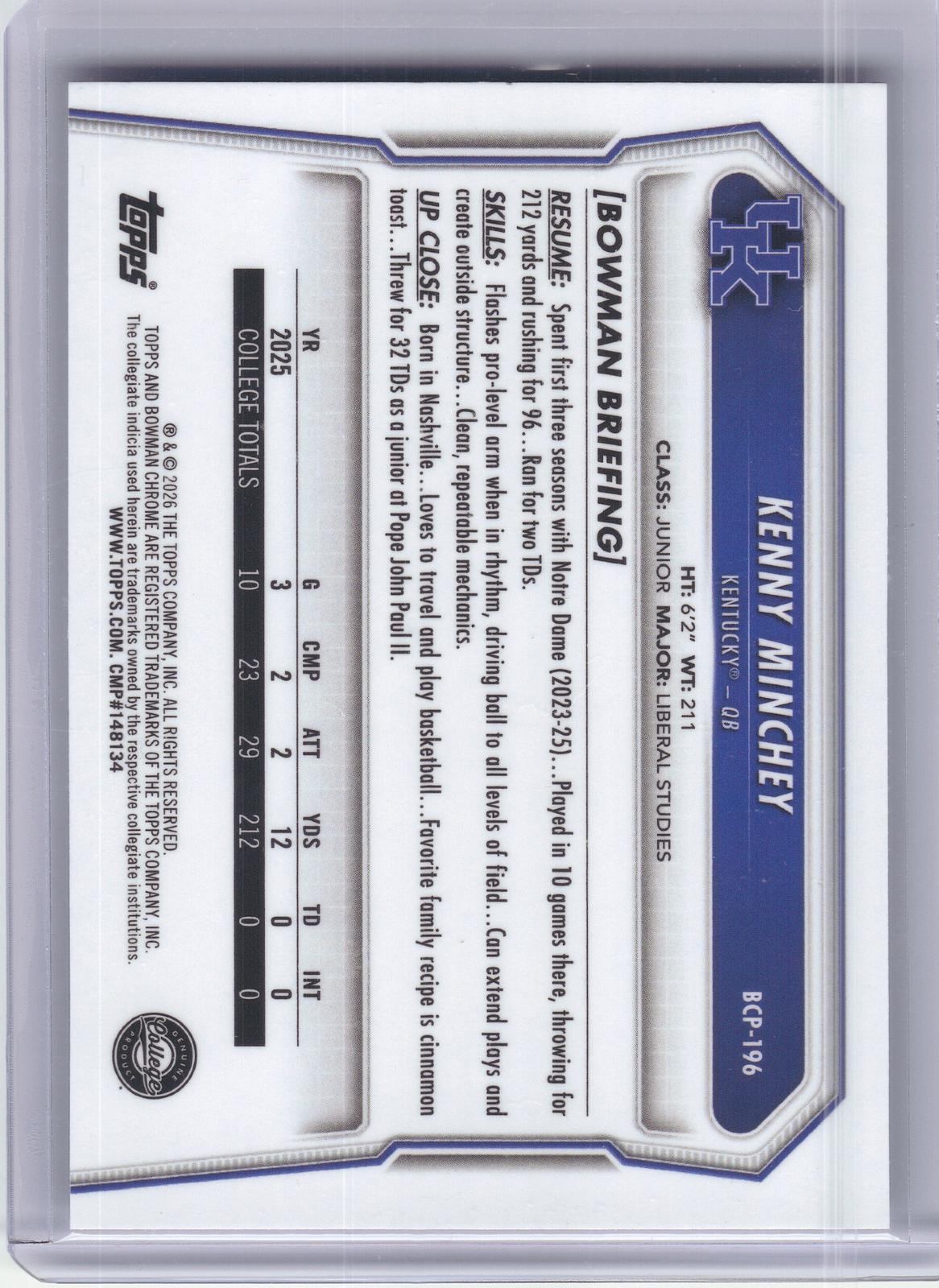 2026 Bowman #BCP-196 Kenny Minchey Chrome Prospects Mojo Refractor Kentucky Wildcats