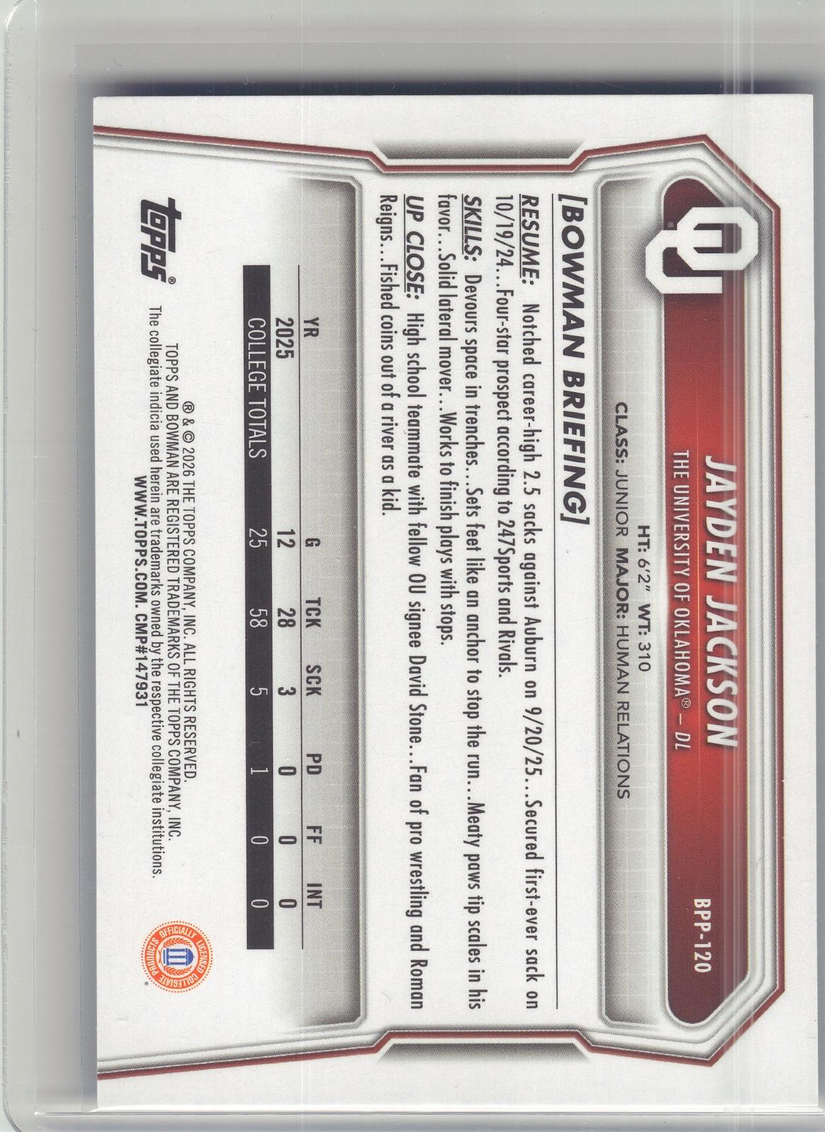 2026 Bowman #BPP-120 Jayden Jackson Prospects Blue #/150 Oklahoma Sooners SN
