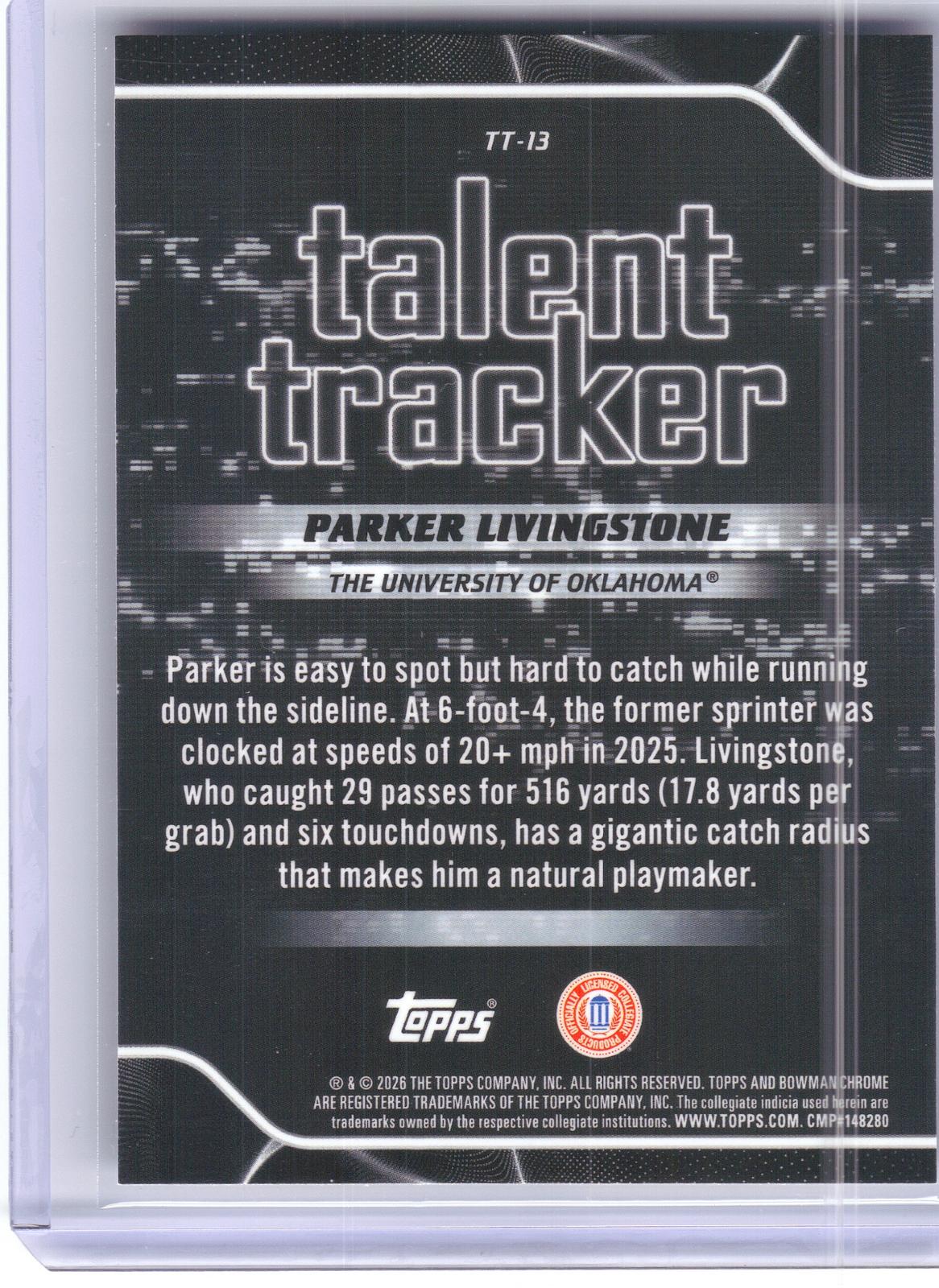 2026 Bowman #TT-13 Parker Livingstone Talent Tracker Oklahoma Sooners