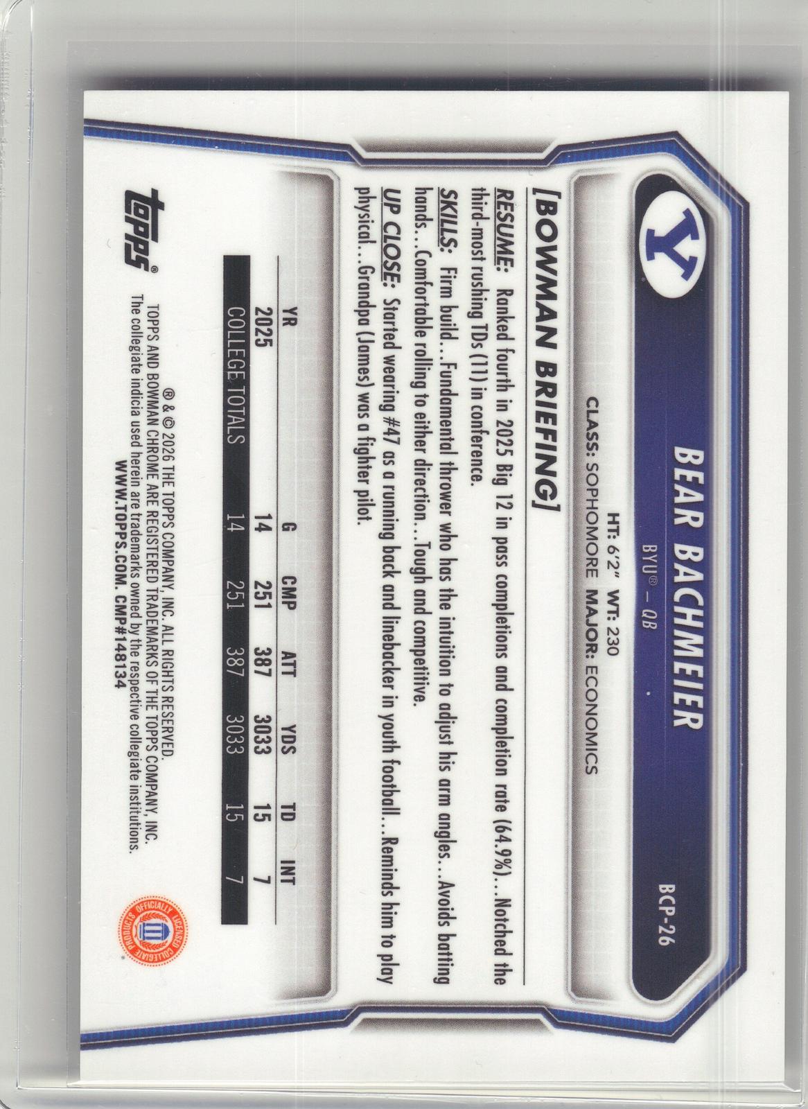 2026 Bowman #BCP-26 Bear Bachmeier Chrome Prospects Gold Mojo Refractor #/50 BYU Cougars SN