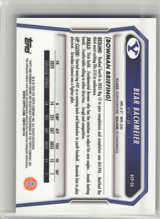 2026 Bowman #BCP-26 Bear Bachmeier Chrome Prospects Gold Mojo Refractor #/50 BYU Cougars SN