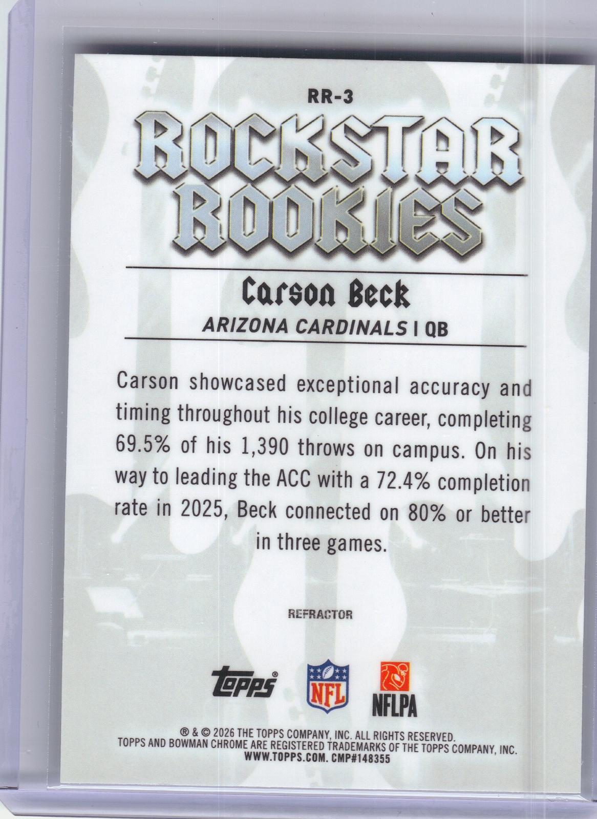 2026 Bowman #RR-3 Carson Beck Rockstar Rookies Arizona Cardinals
