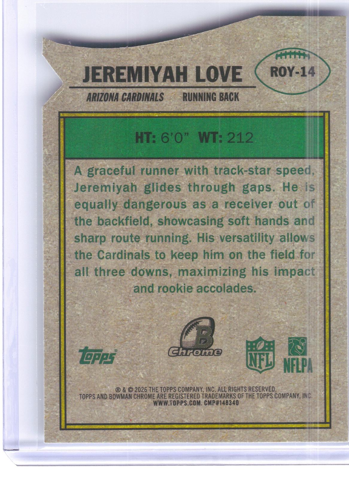 2026 Bowman #ROY-14 Jeremiyah Love Rookie of the Year Favorites Arizona Cardinals
