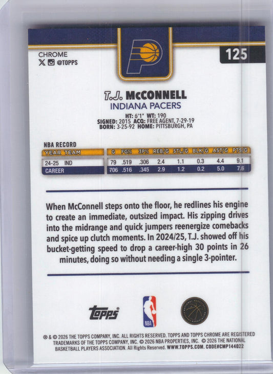 2025-26 Topps Chrome Update #125 T.J. McConnell Red White and Blue Refractor Indiana Pacers