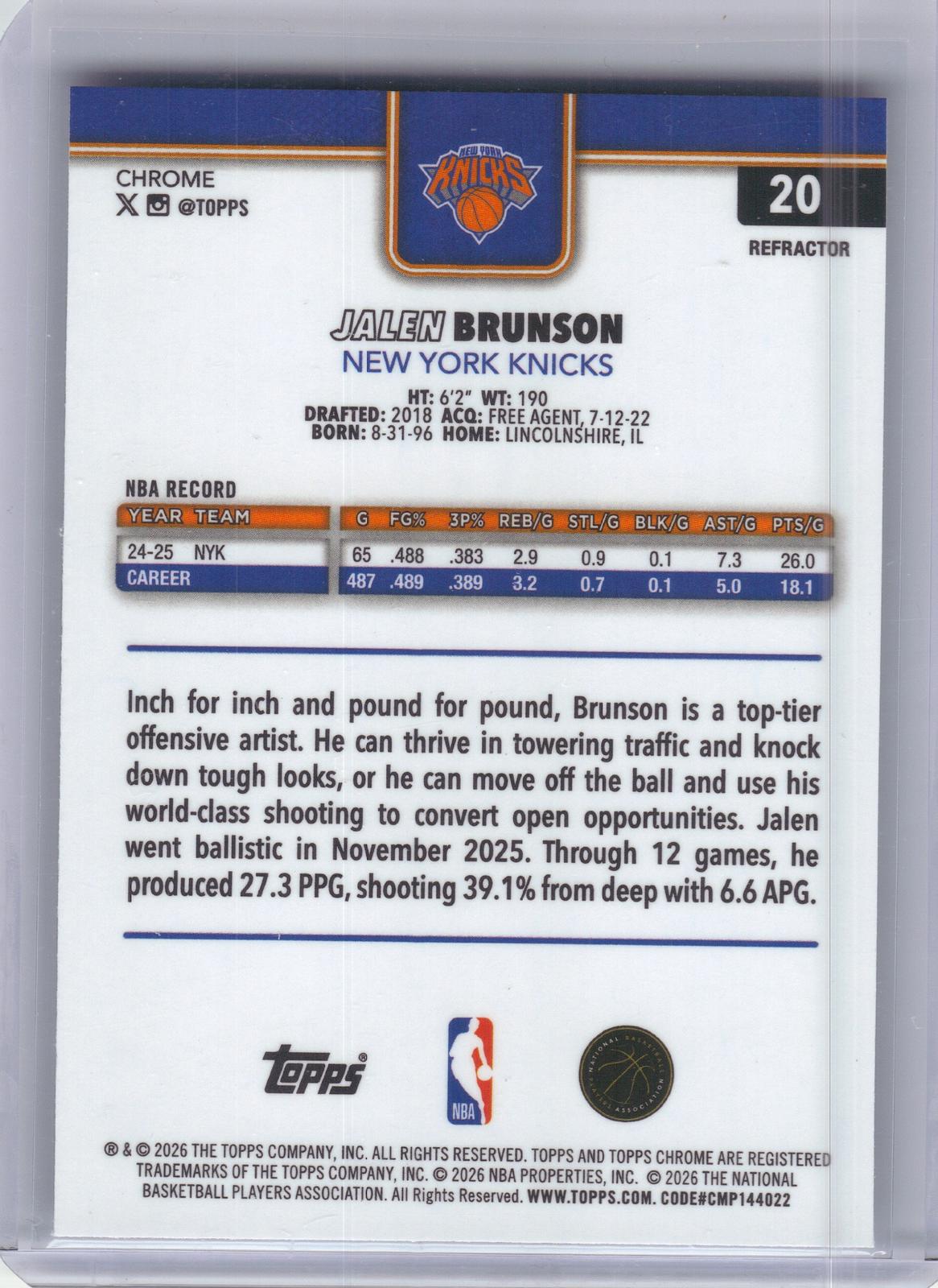 2025-26 Topps Chrome Update #20 Jalen Brunson Refractor New York Knicks