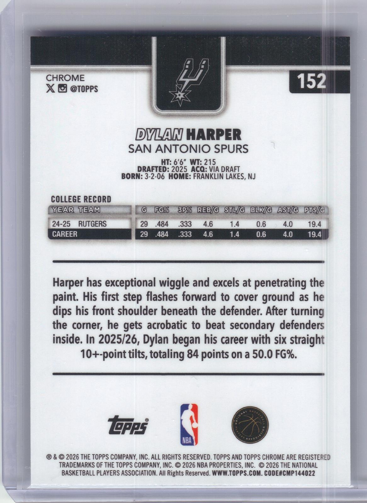 2025-26 Topps Chrome Update #152 Dylan Harper San Antonio Spurs RC