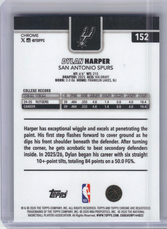 2025-26 Topps Chrome Update #152 Dylan Harper San Antonio Spurs RC