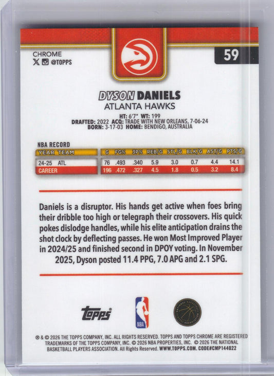 2025-26 Topps Chrome Update #59 Dyson Daniels RayWave Refractor Atlanta Hawks